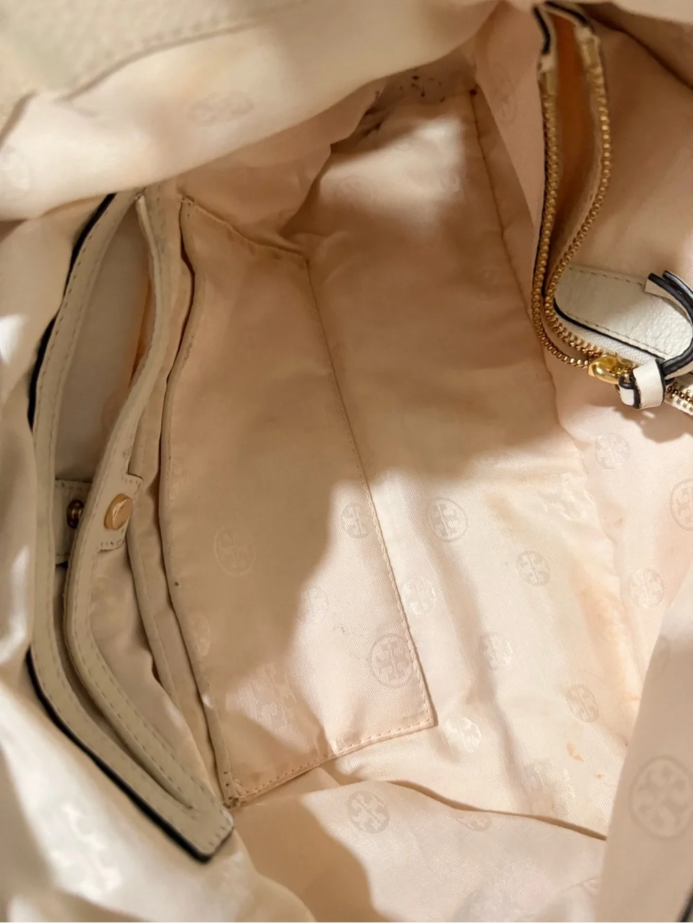 Tory Burch Ivory Pebbled Leather Logo Tote